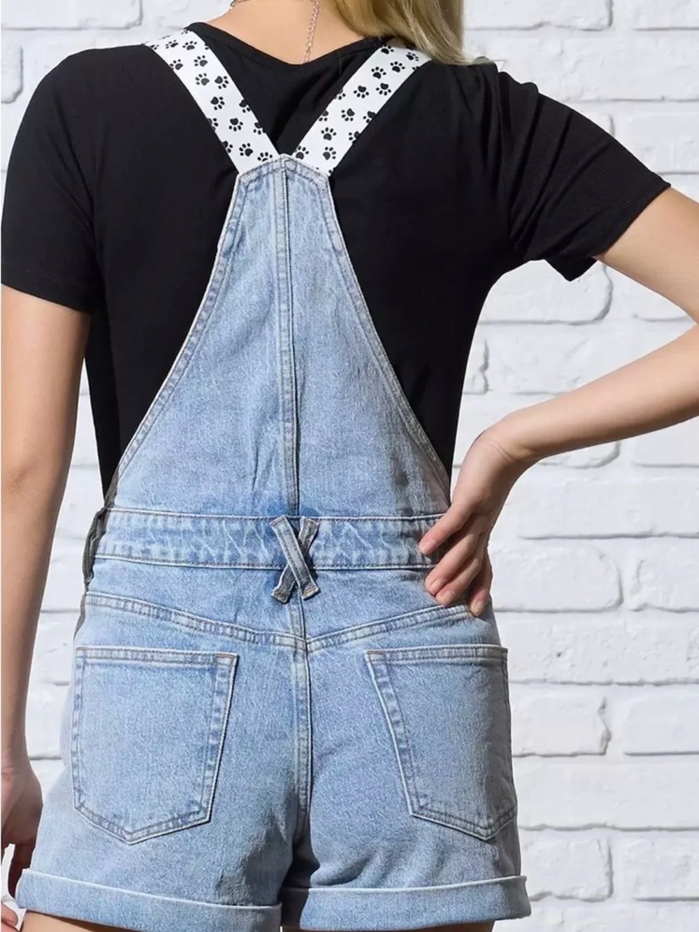 Light Wash Denim 101 Dalmatian Patch Short Overalls with Paw-Print Straps Large - Picture 2 of 2